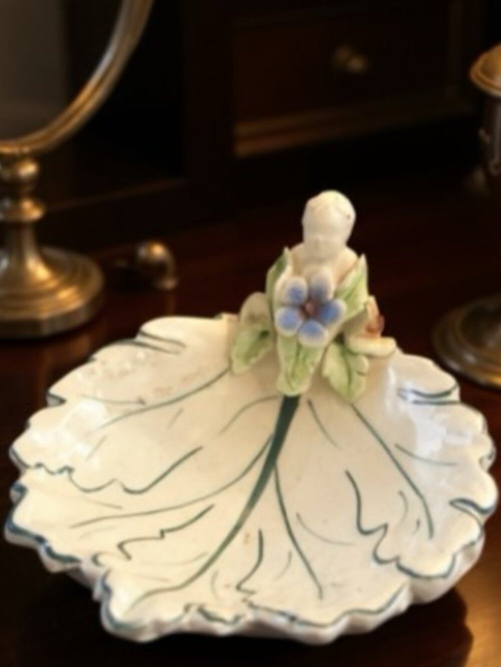 Rare VINTAGE 1950 Italian Ceramic Leaf Trinket Dish /Cherub Figurine Handmade